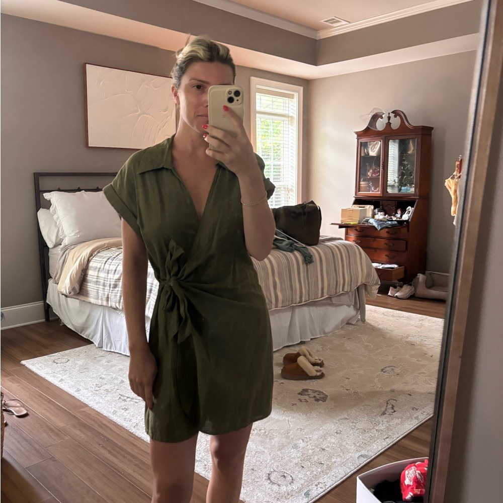 Zara Olive Green Tie-Front Mini Shirt Dress